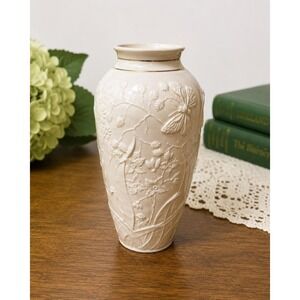 Belleek Collectors Society Butterfly Vase Irish Porcelain Embossed Floral Gold